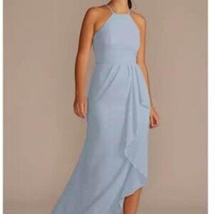 Davids Bridal, High Neck Chiffon Bridesmaid Dress with Cascade - Dusty Blue